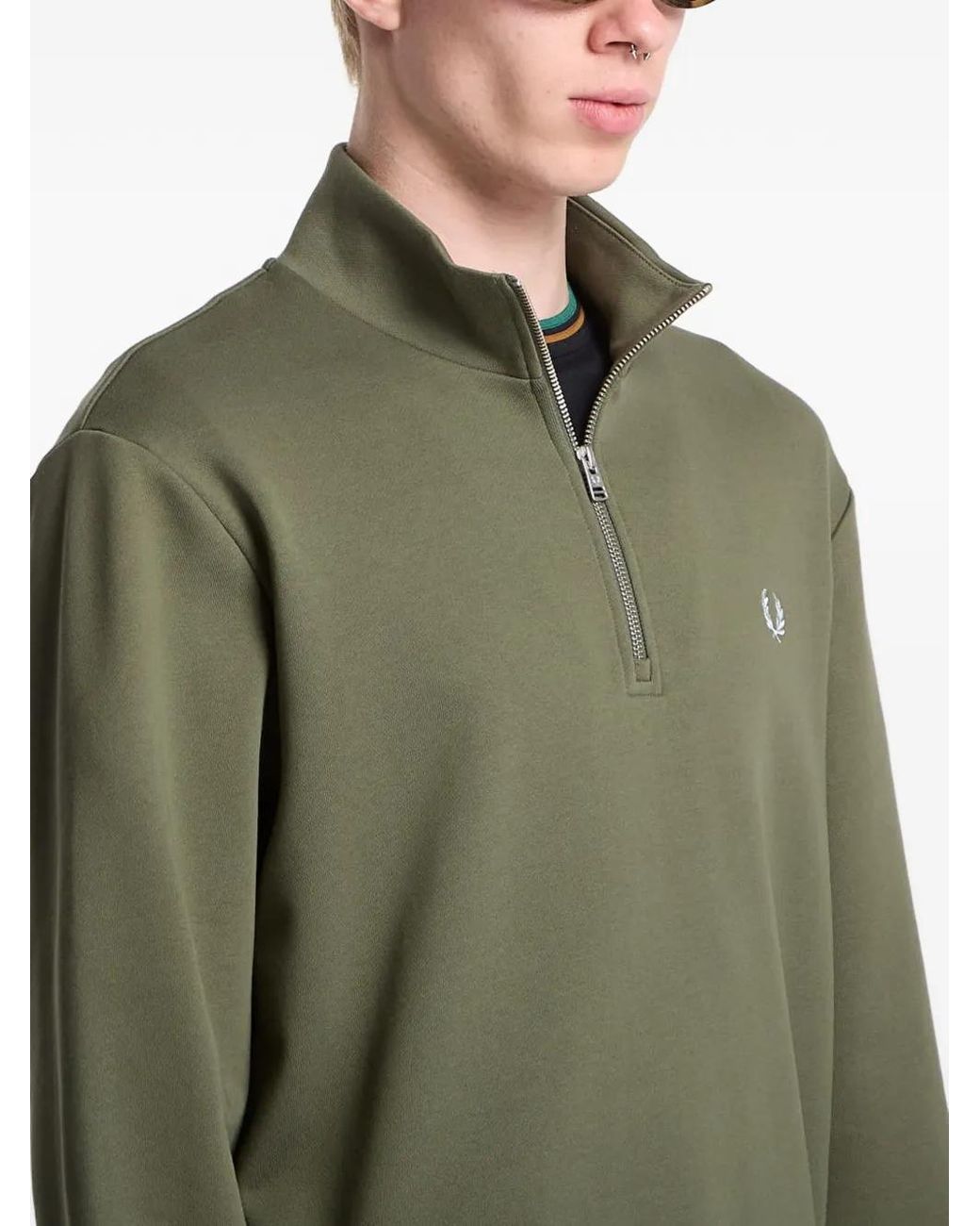 Fred Perry Green Half-Zip Embroidered-Logo Sweatshirt for men