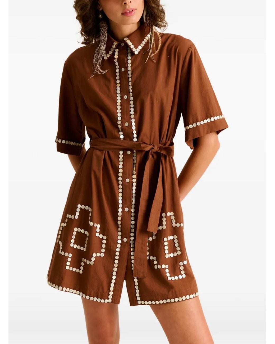 Carolina K Brown Amaia Button-Embellished Belted Shirt Mini Dress