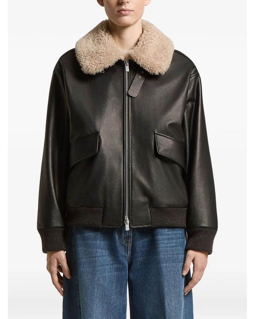 Peserico Black Shearling-Collar Bomber Jacket