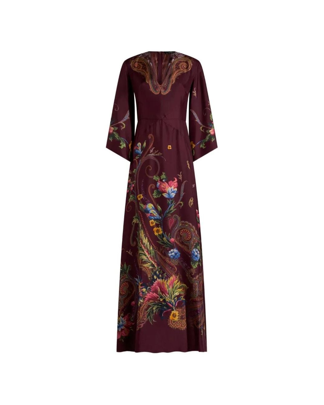 Etro Red Long Silk Dress With Placed Floral Paisley Print