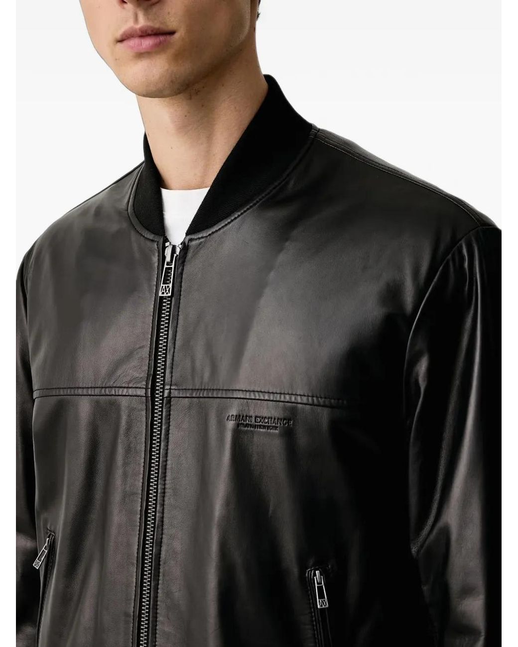 ARMANI EXCHANGE Black Logo-Embossed Leather Bomber Jacket for men