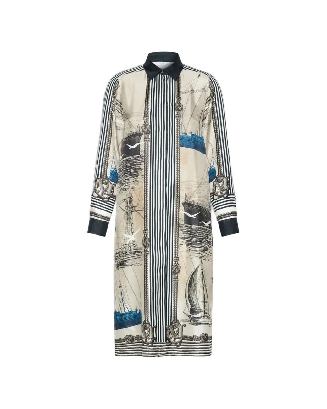 Max Mara White Nautical-Print Silk Midi Dress