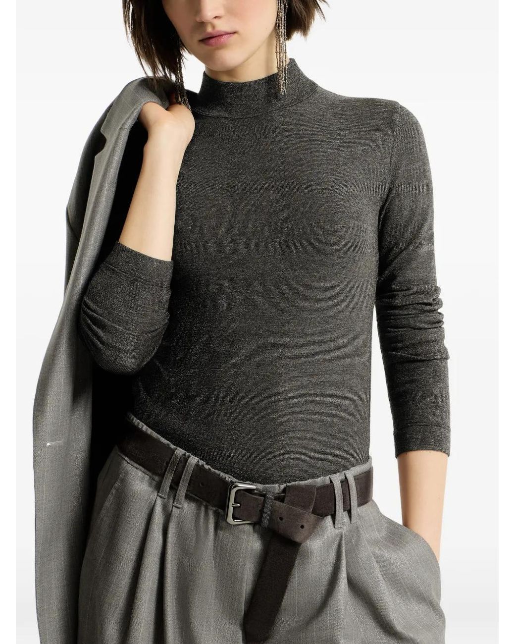 Brunello Cucinelli Black Sparkling Virgin Wool Funnel-Neck Long Sleeve T-Shirt With Monili