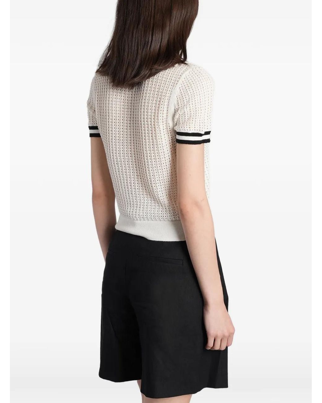 Alice + Olivia White Open-Knit Contrast-Trim Polo Shirt