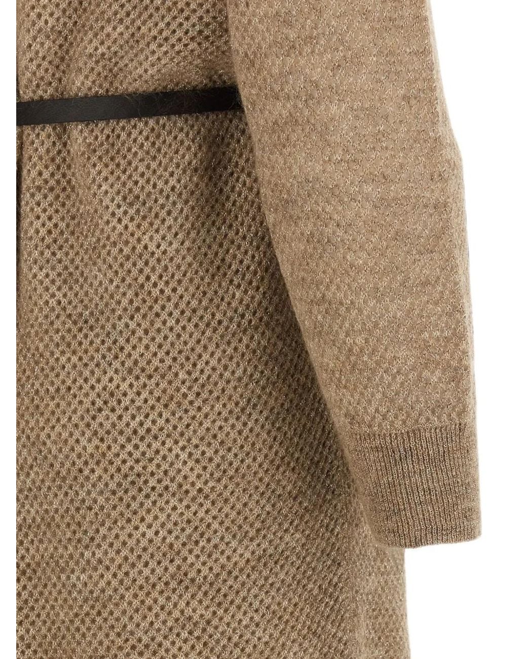 Brunello Cucinelli Natural Robe Mi-Longue En Résille À Taille Ceinturée