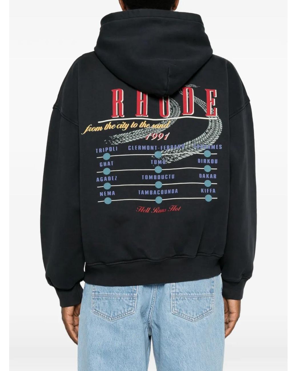 Rhude Black Graphic-Print Drawstring Hoodie for men