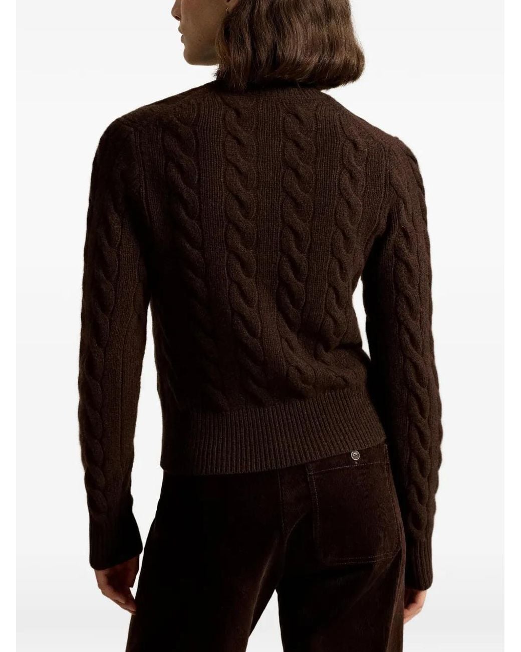Polo Ralph Lauren Brown Dark Cable-Knit Wool And Cashmere Crew-Neck Cardigan With Pony Embroidery