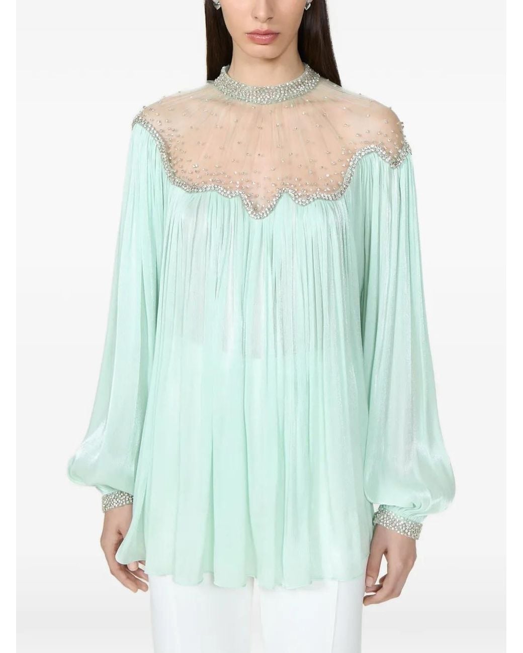 Costarellos Blue Timma Crystal-Embellished Georgette Blouse