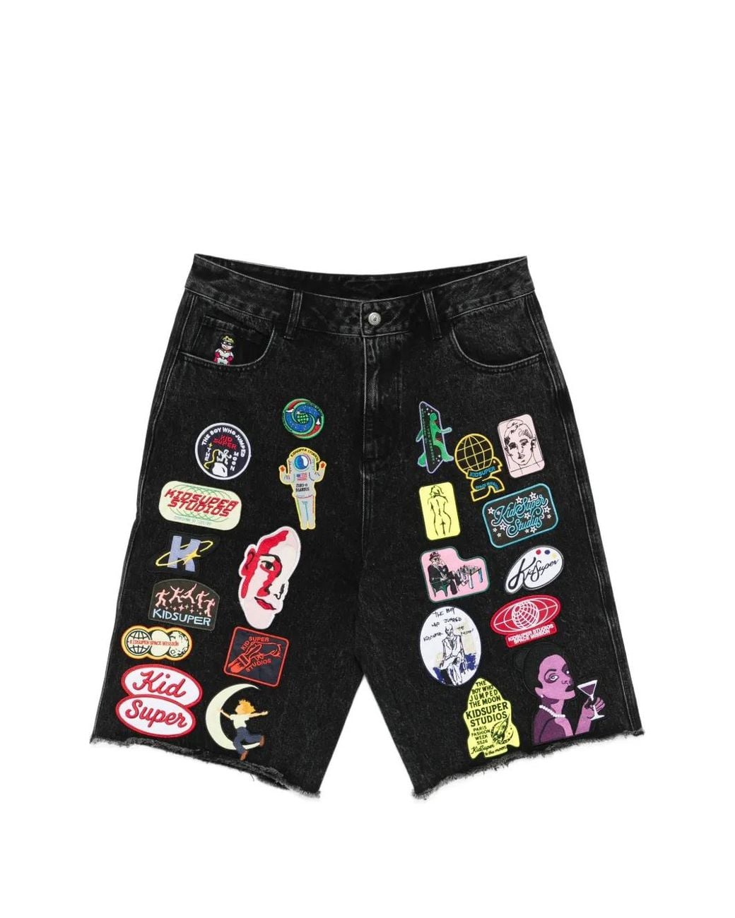 Kidsuper Black Patches-Appliqué Denim Shorts for men