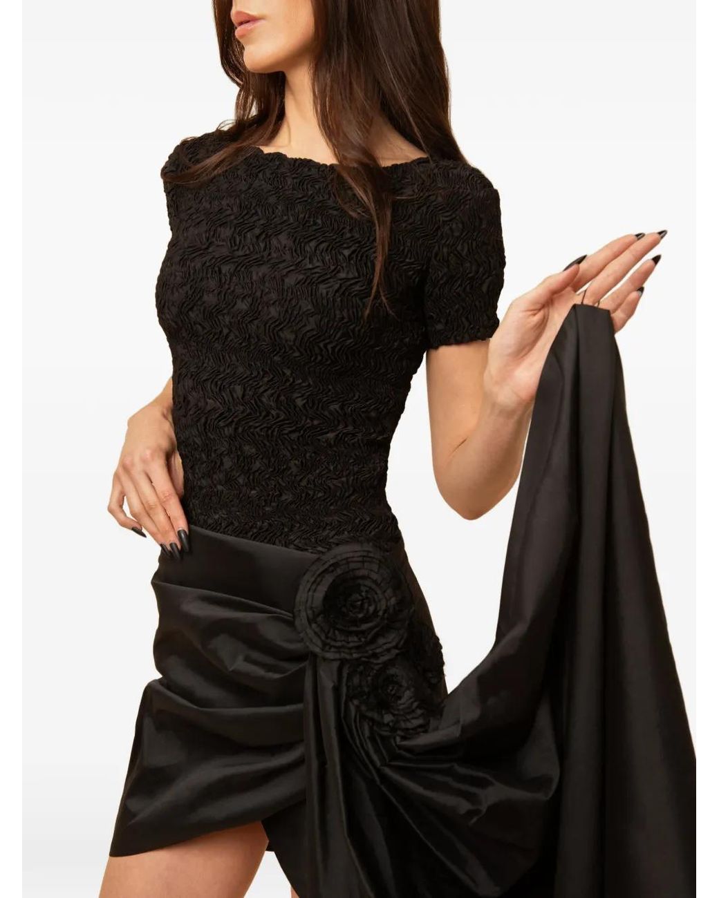 Contessa Mills Black Sanderson Floral-Appliqué Draped Mini Skirt