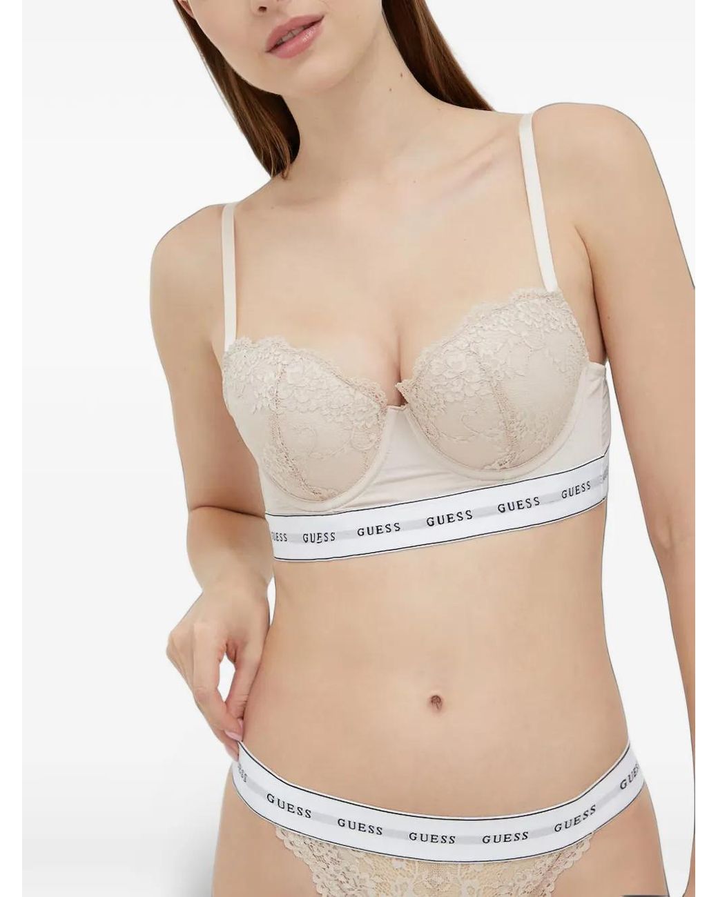 Guess Natural Belle Lace-Trim Logo-Band Bra