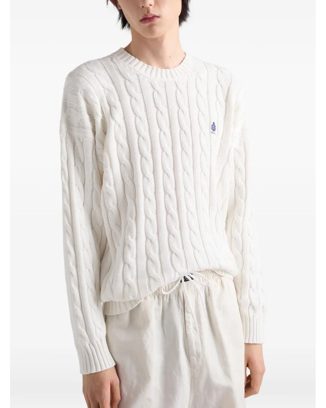 Prada White Cable-Knit Logo-Embroidered Sweater for men