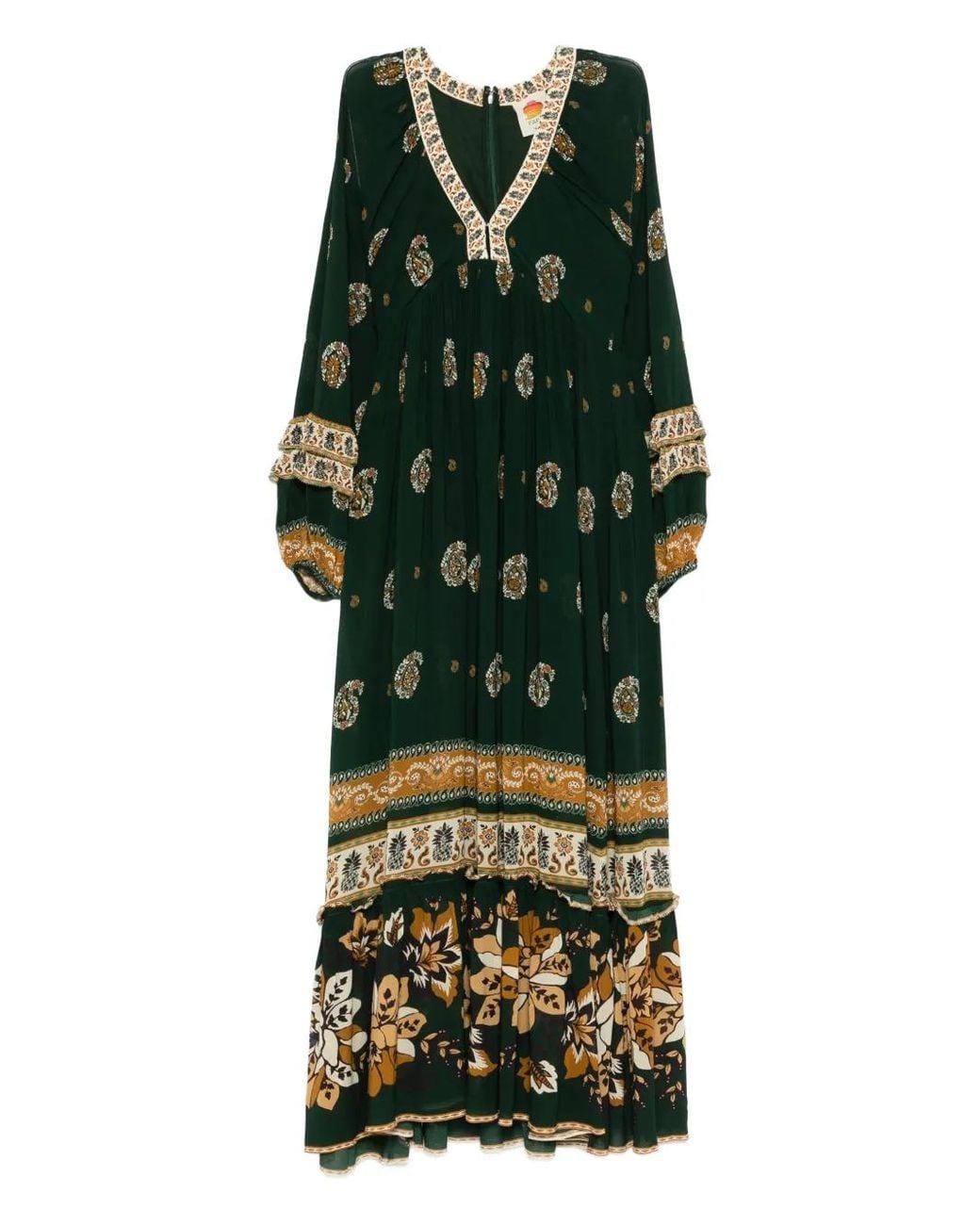 Farm Rio Green Floral Print V-Neck Long Sleeve Dress