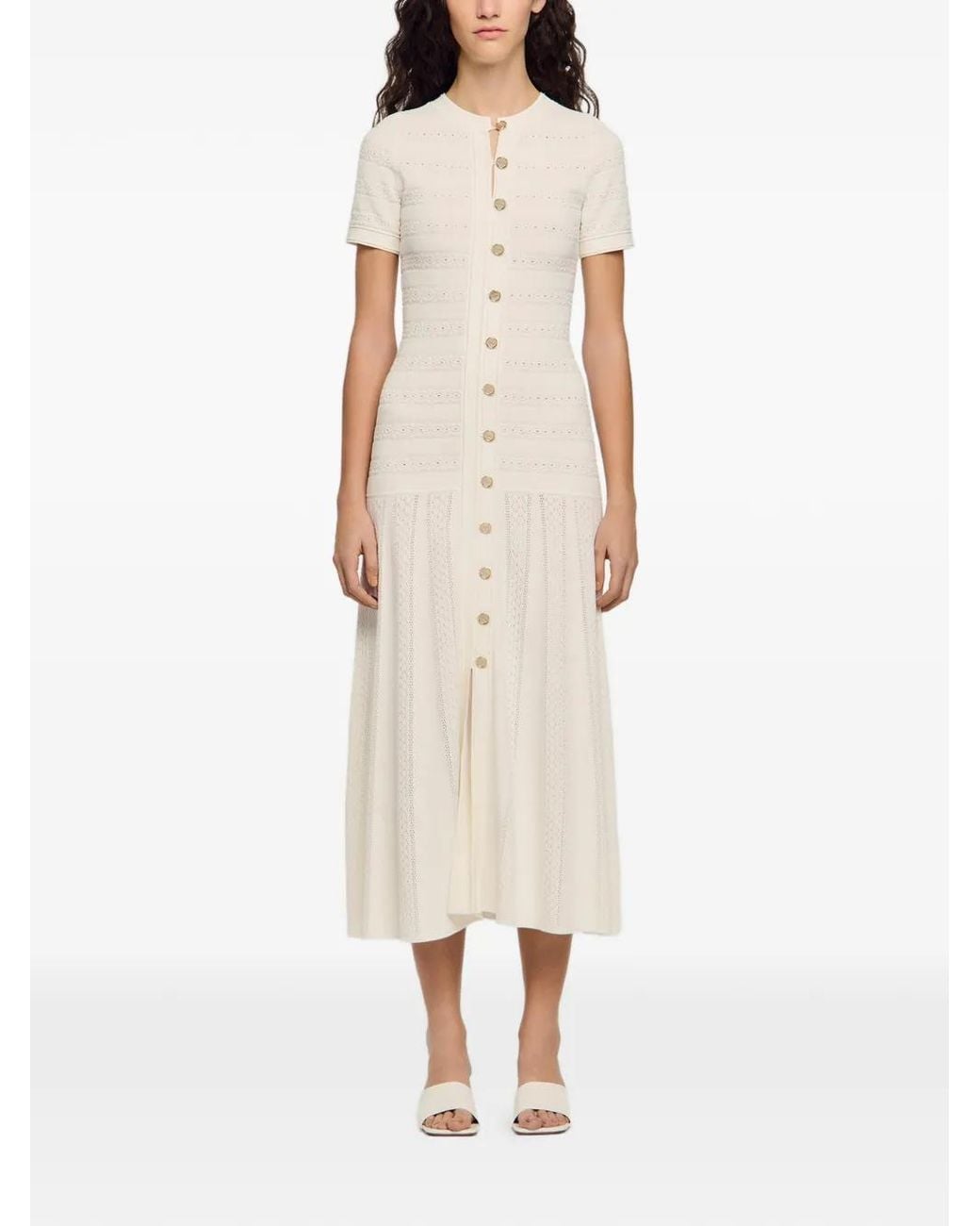 Sandro White Midi Button Knitted Dress