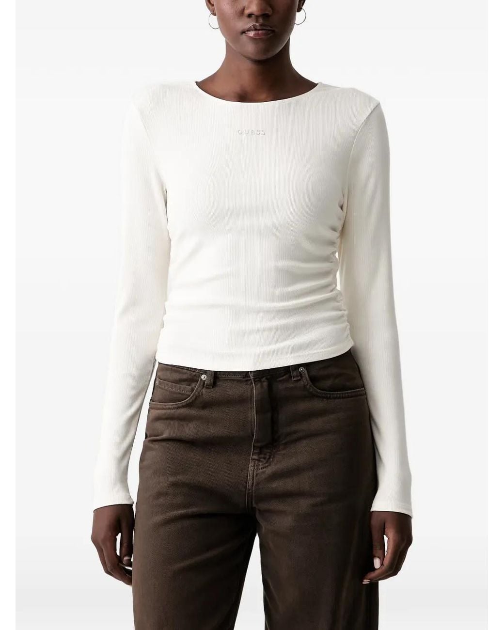Guess White Ribbed-Knit Ruched-Side T-Shirt