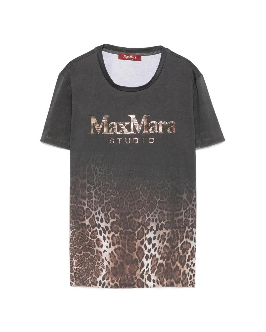 Max Mara Black Quieto Leopard-Print Rhinestone-Logo T-Shirt