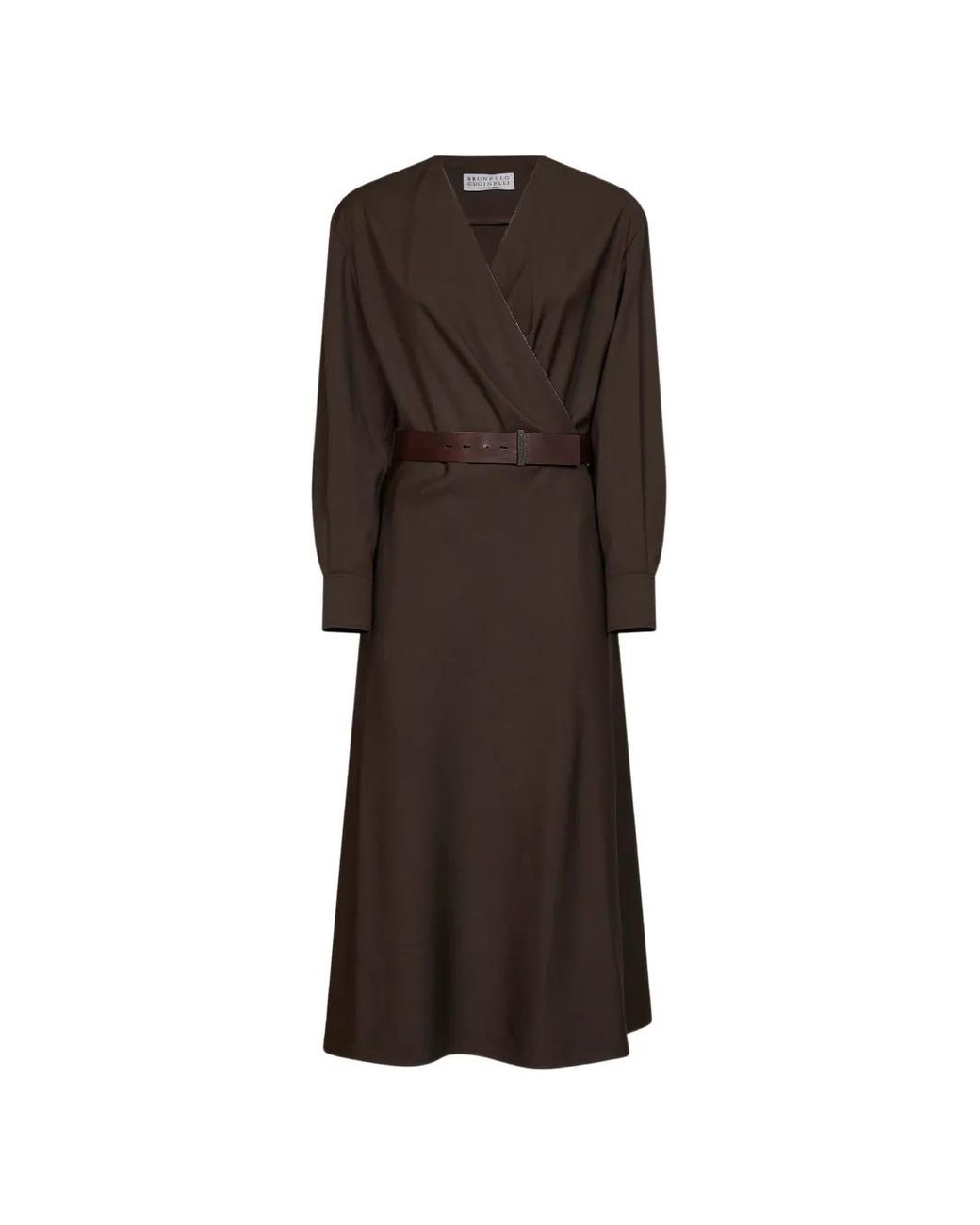 Brunello Cucinelli Brown Monili-Embellished Belted Midi Dress