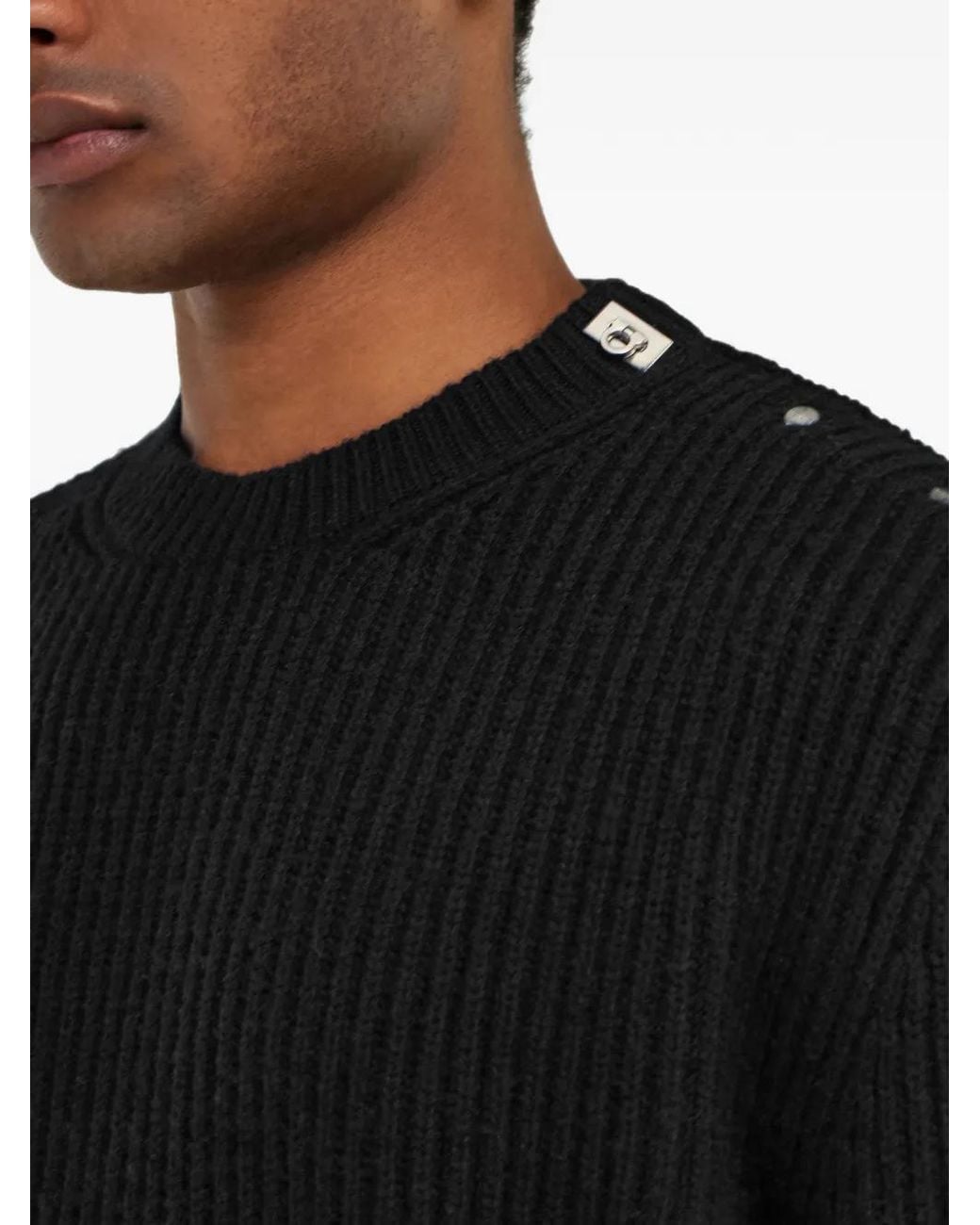 Ferragamo Black Rib-Knit Crew-Neck Sweater With Hug Buckle Detail for men