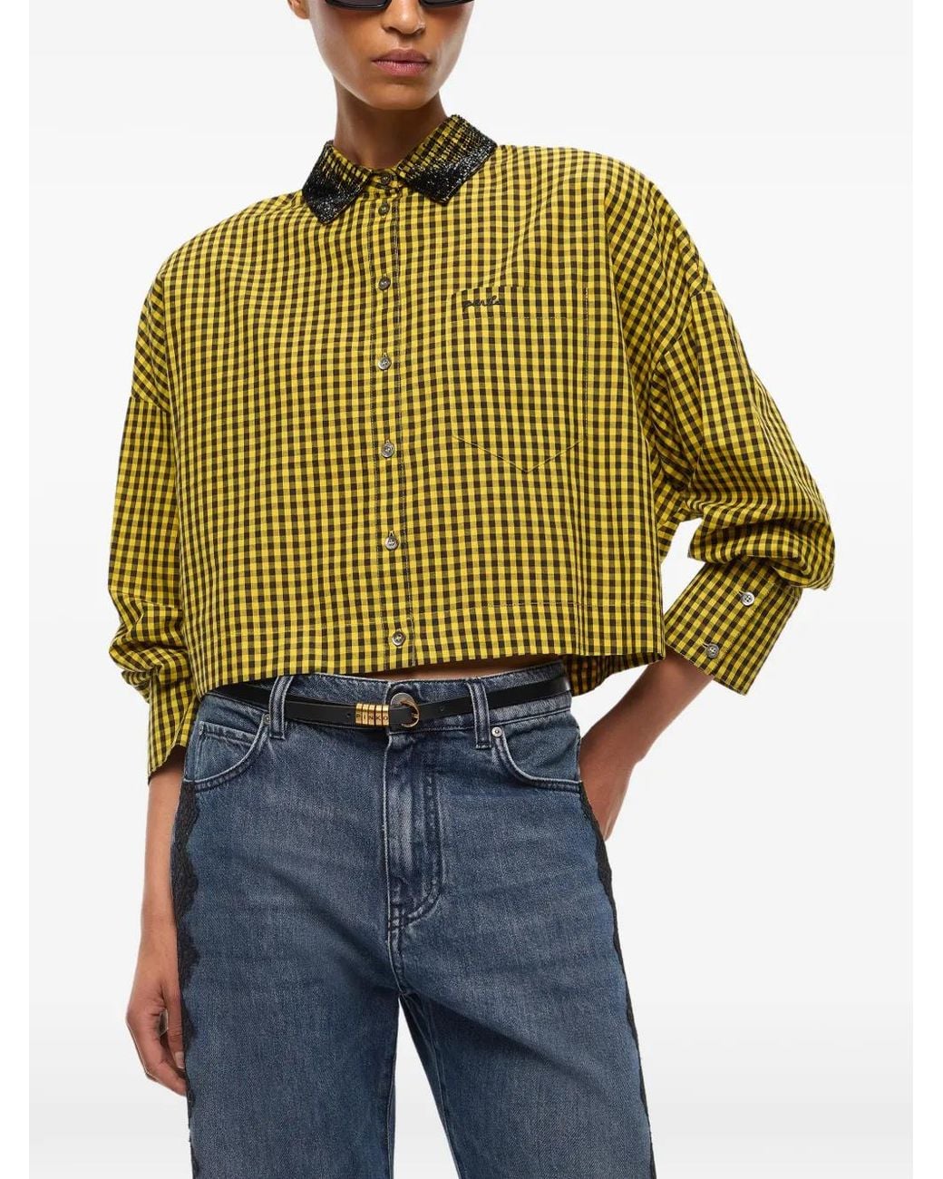 Pinko Green Cropped Check Shirt With Jewel Collar