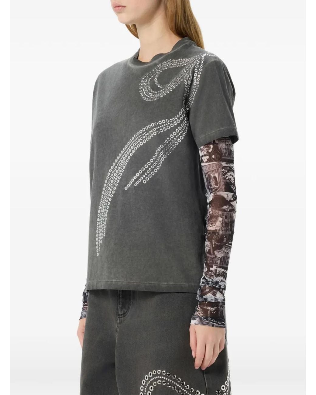 Blumarine Gray Stud-Embellished Eyelet T-Shirt
