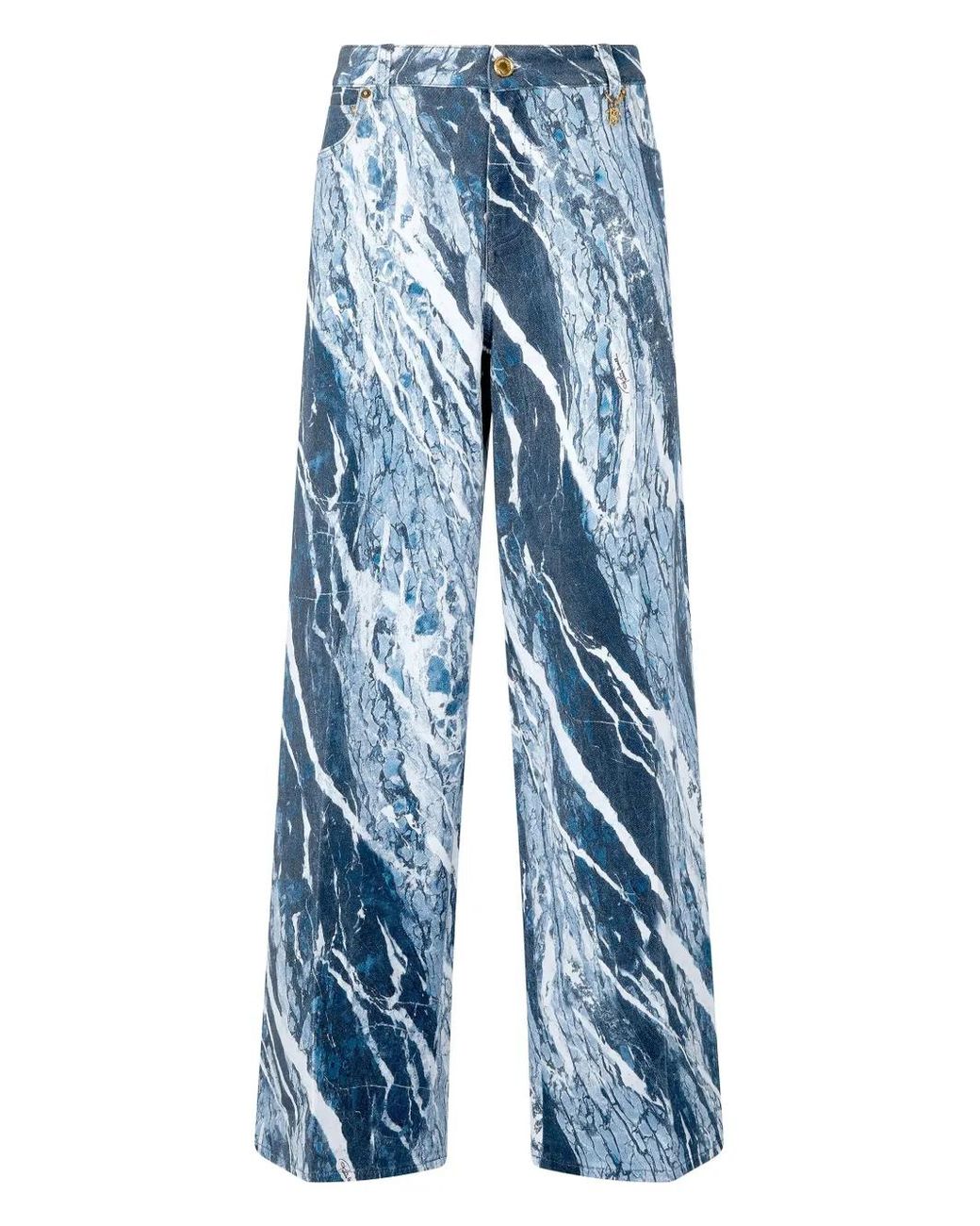 Roberto Cavalli Blue Marble-Print Wide-Leg Jeans