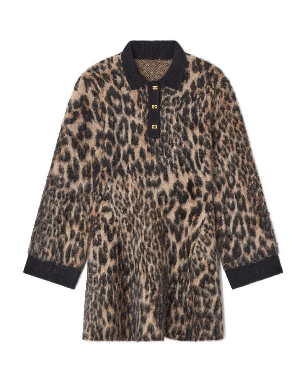 Ganni Natural Leopard-Print Button Mini Dress
