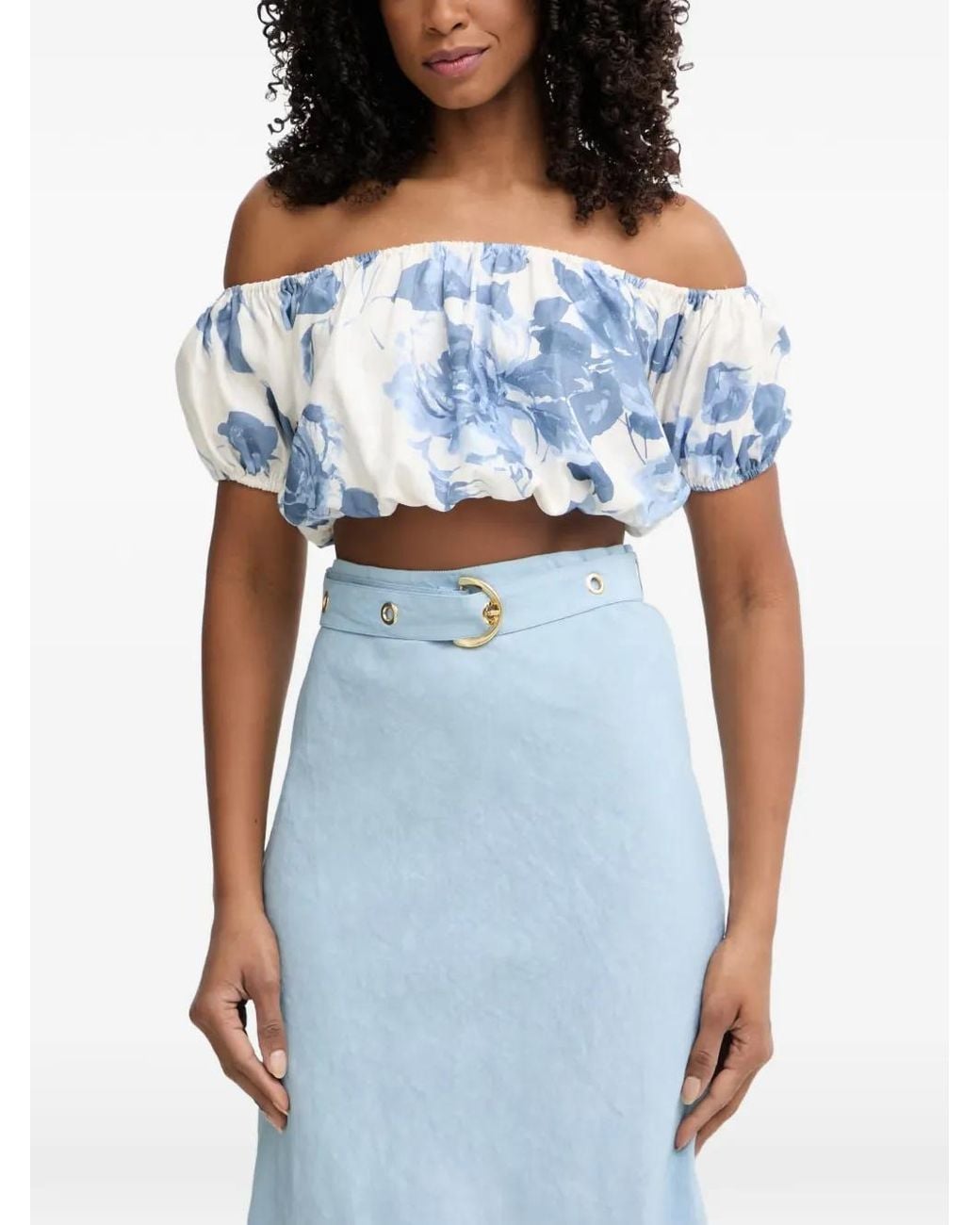 Guess Blue Floral-Print Off-The-Shoulder Top