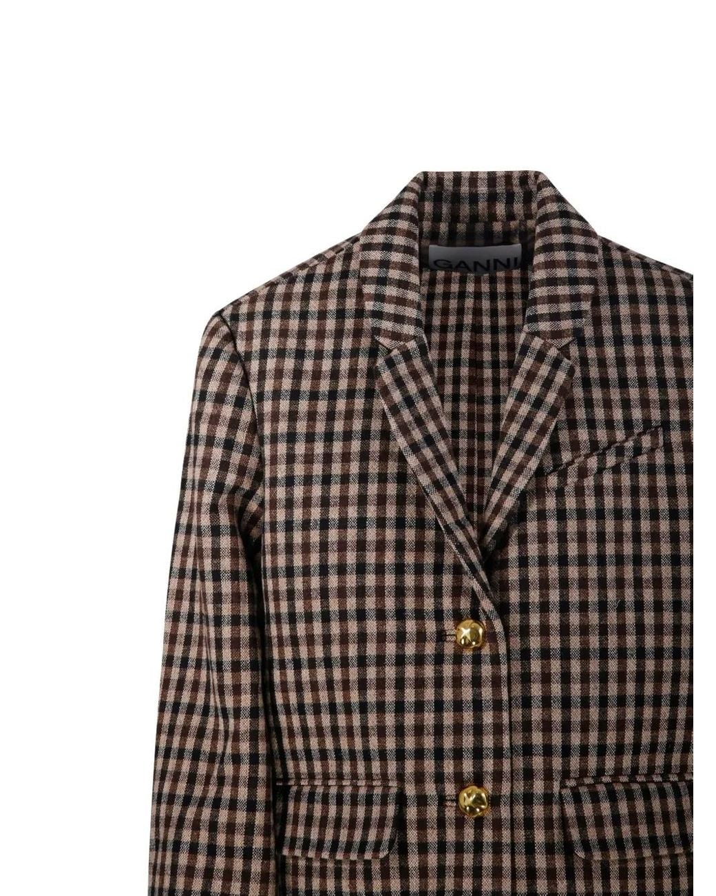 Ganni Brown Single-Breasted Checked Blazer