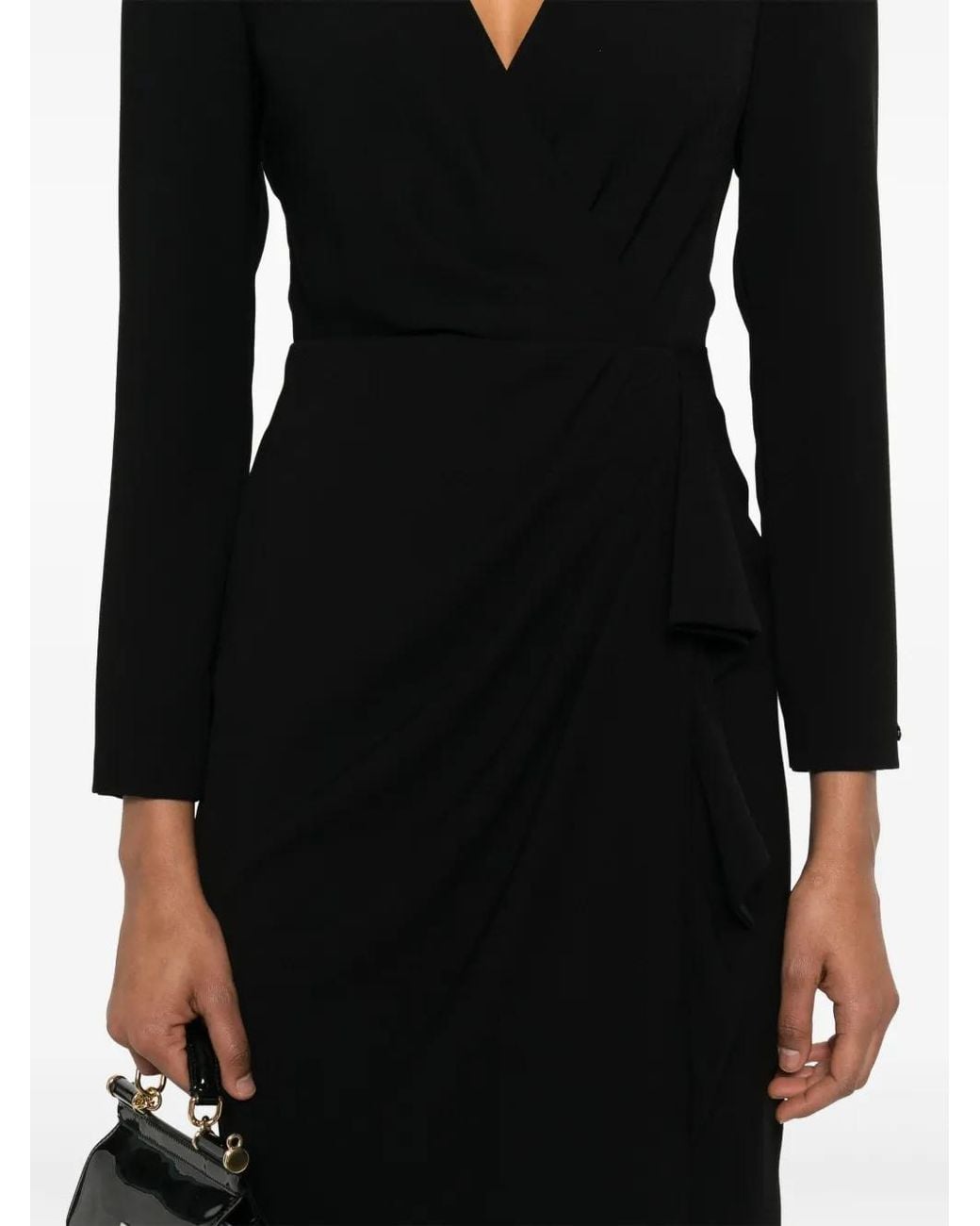 Nissa Black V-Neck Crepe Midi Dress