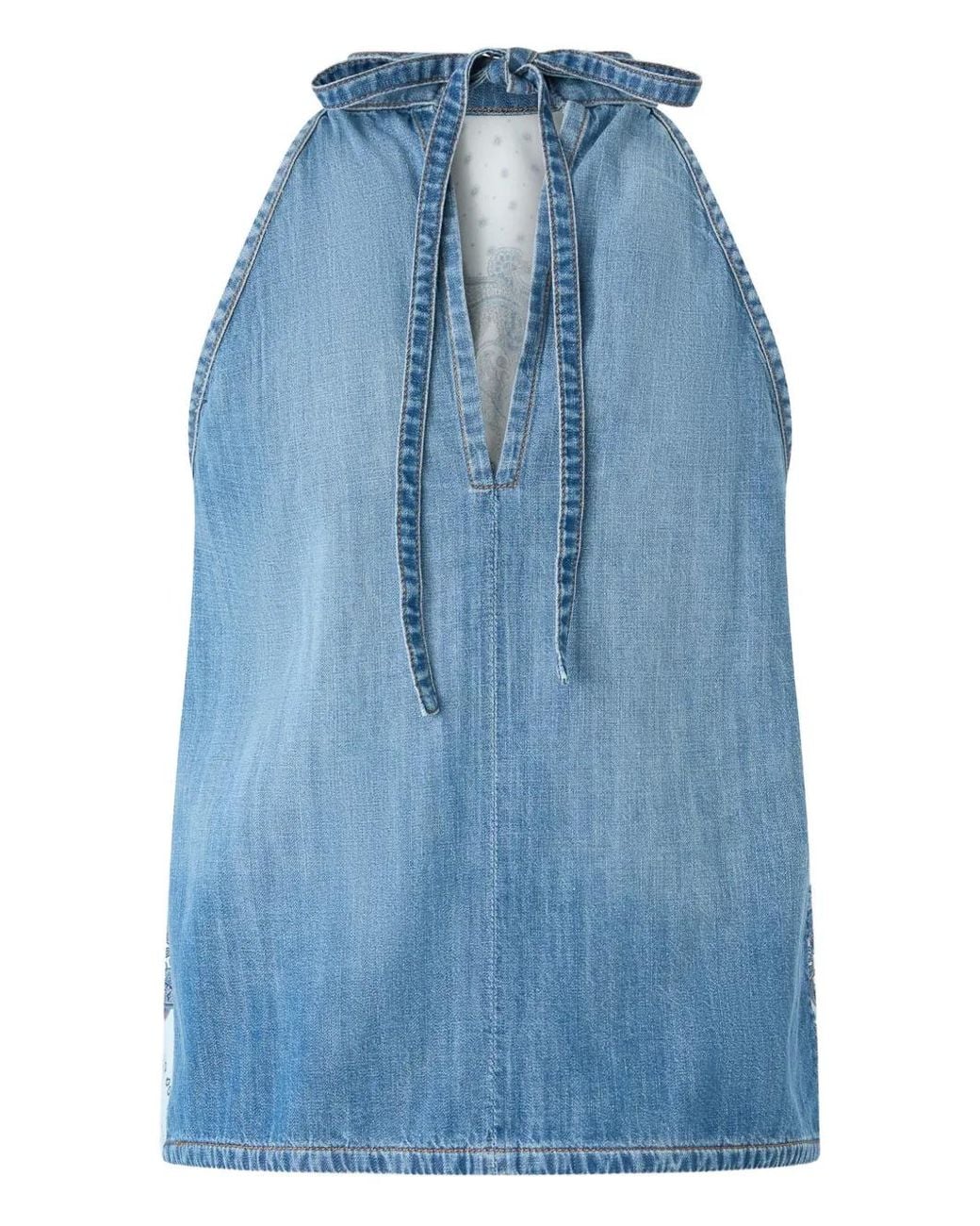 Pinko Blue Denim Top With Scarf Print