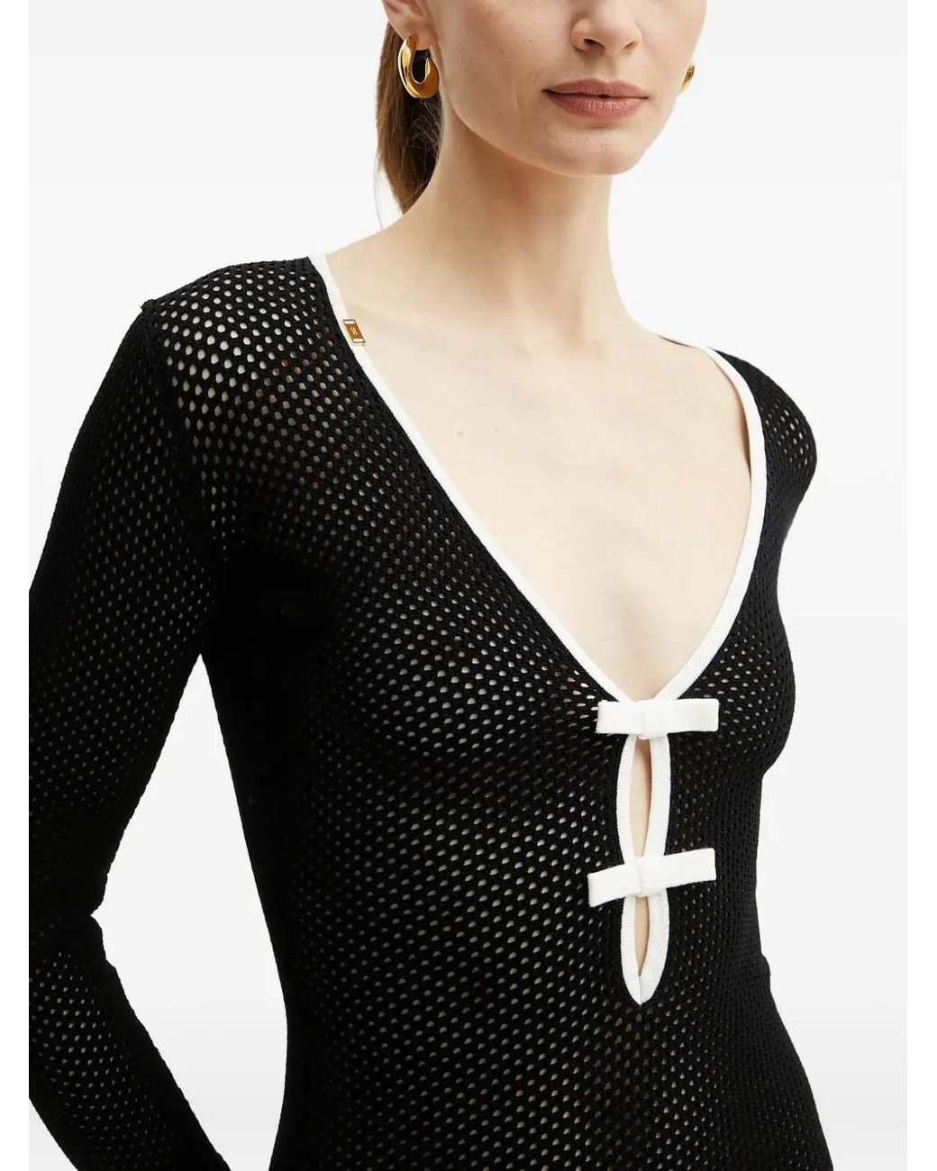 Elisabetta Franchi Black Mesh-Paneled V-Neck Midi Dress