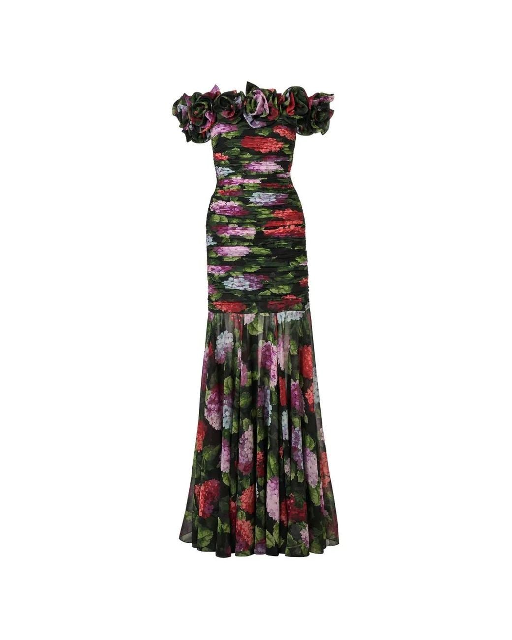 Carolina Herrera White Chiffon Evening Gown With Off-The-Shoulder Design And Hydrangea Print