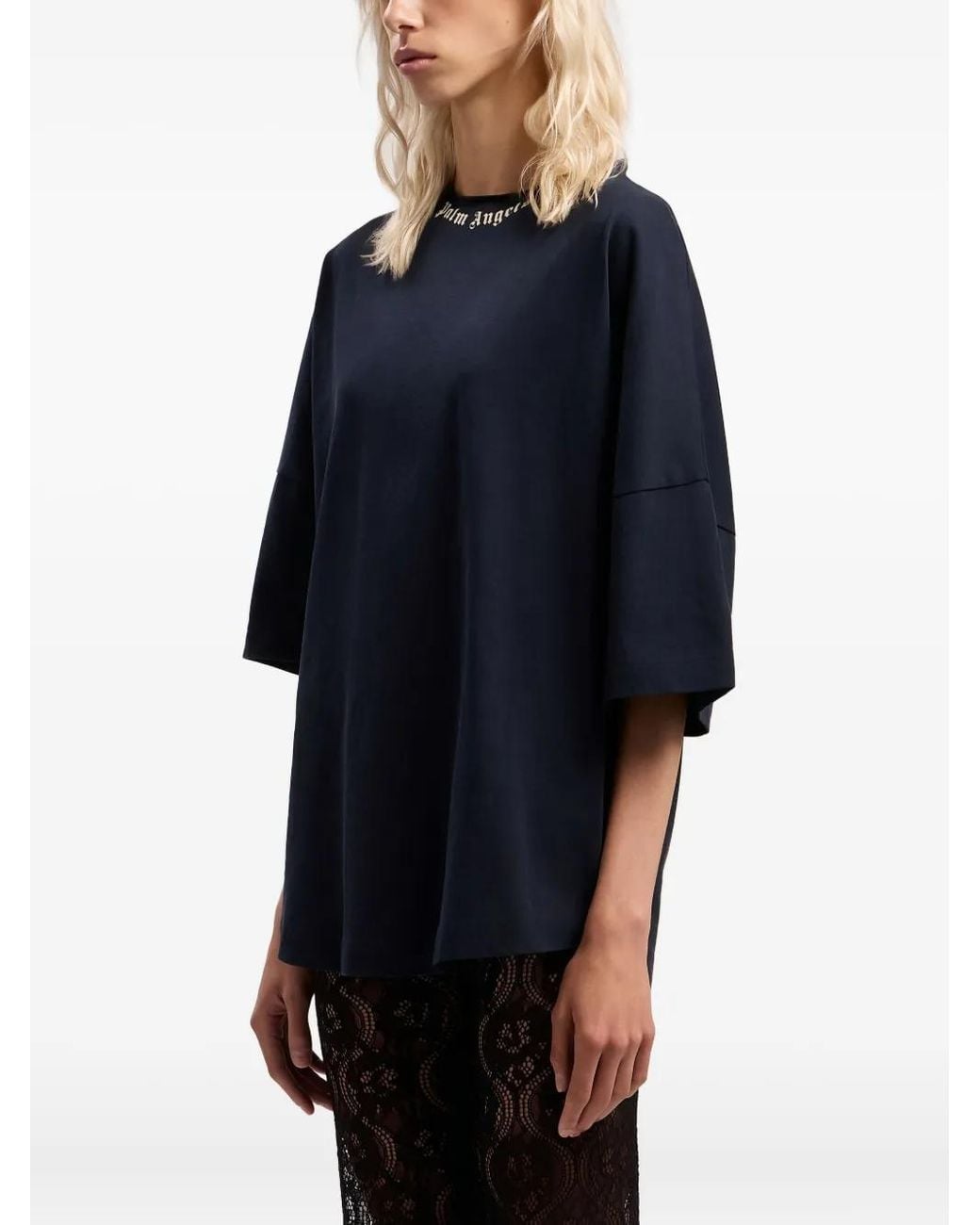 Palm Angels Blue Curved Logo Collar Over Tee Dark