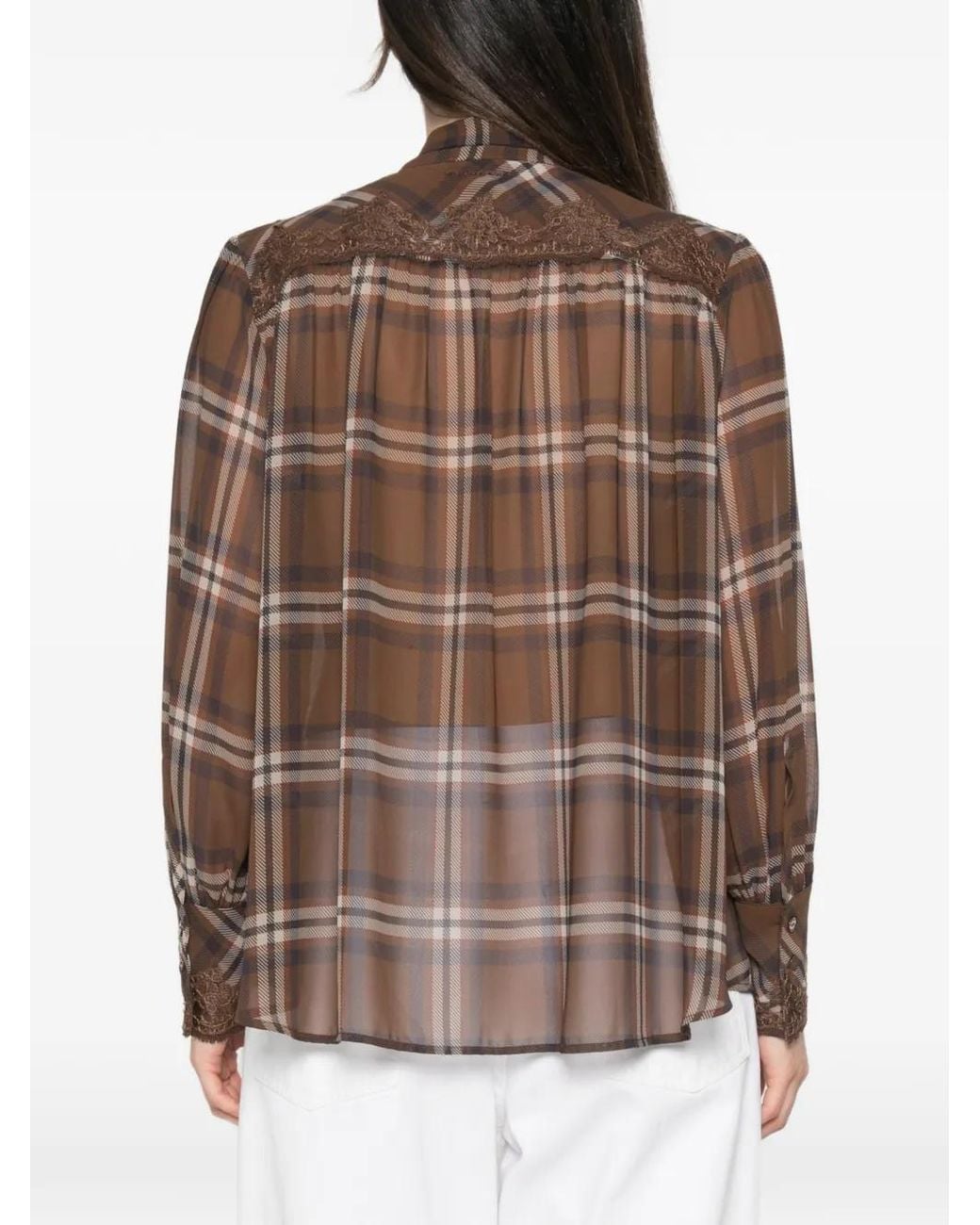 ERMANNO FIRENZE Brown Check-Pattern Pussy-Bow Shirt