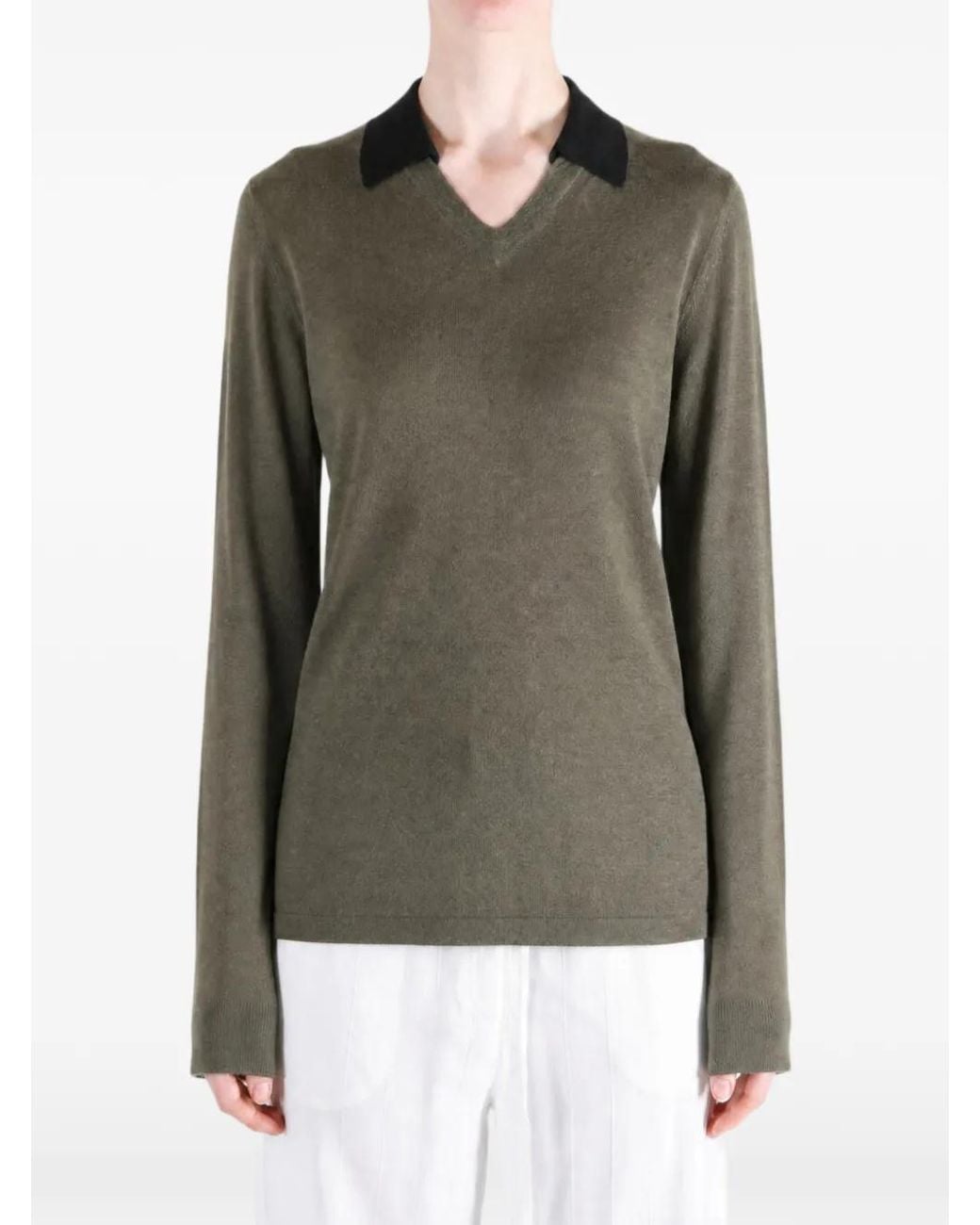 Frenckenberger Green Contrast-Collar V-Neck Sweater