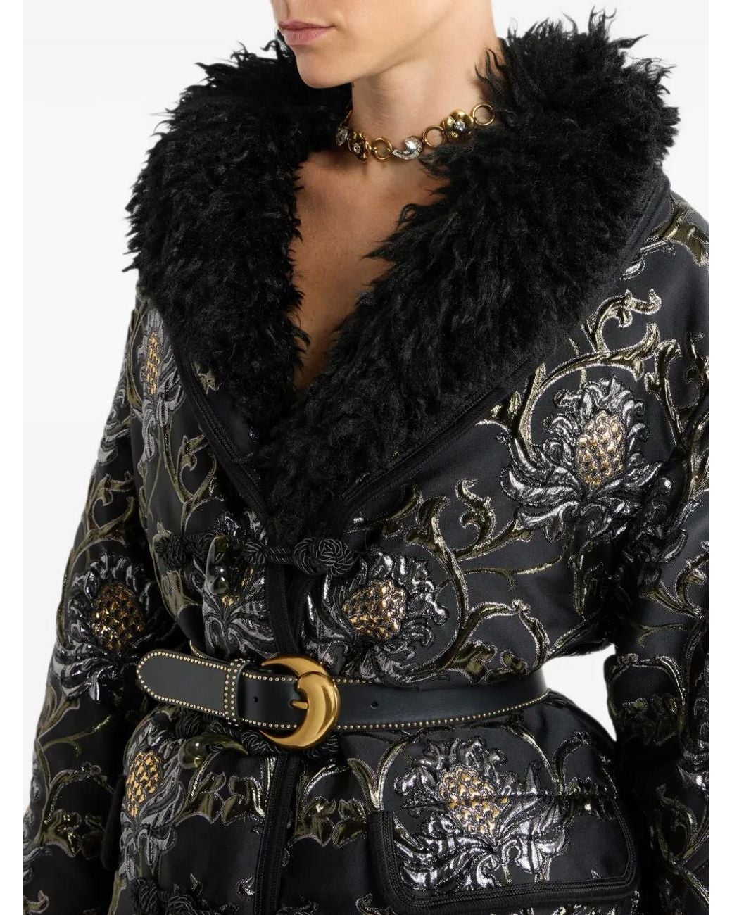 Etro Black Short Jacquard Coat With Belt And Faux-Fur