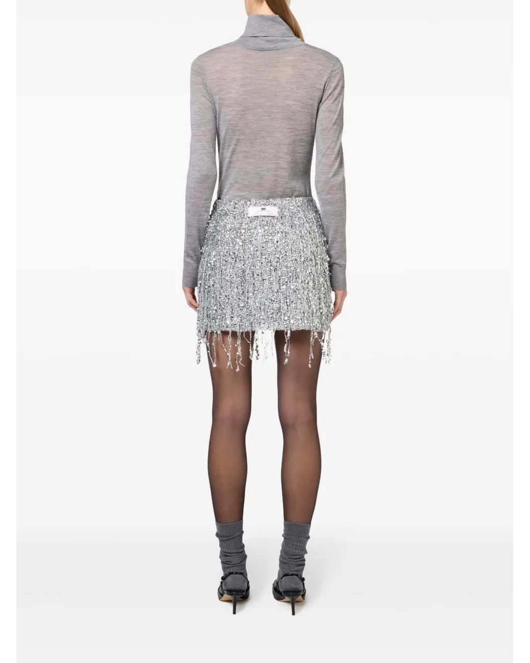 Elisabetta Franchi Gray Roll Neck Semi-Sheer Jumper