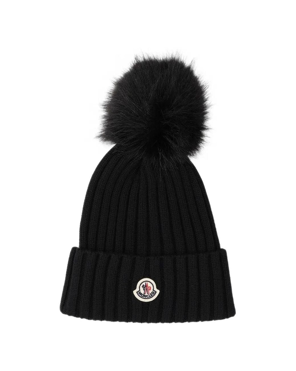 Moncler Black Wool Beanie With Pom Pom
