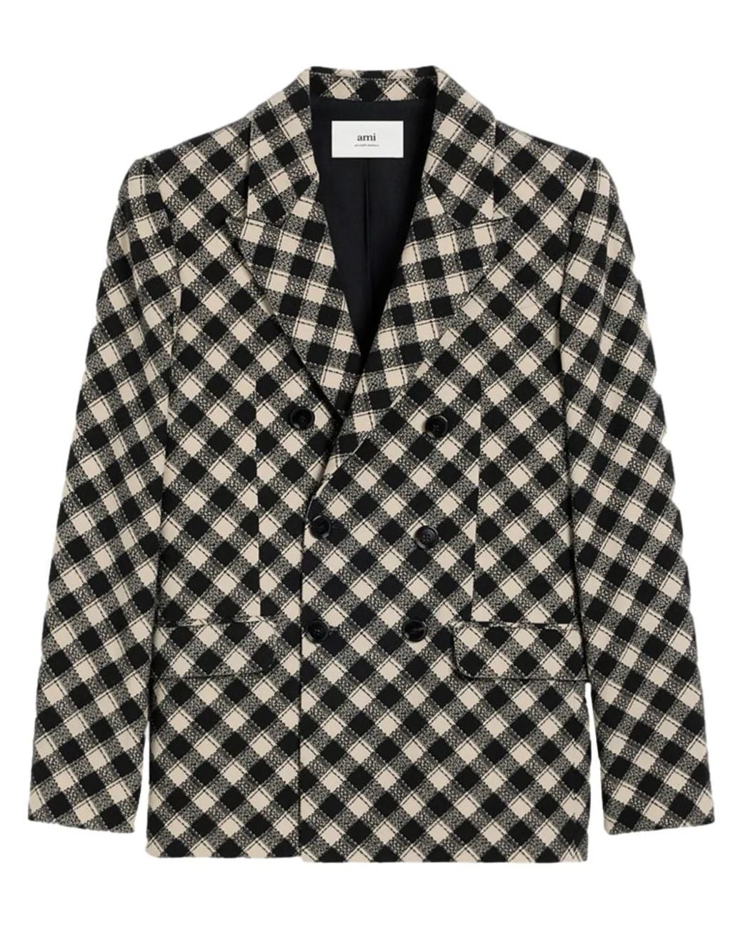 AMI Black Check Double Breasted Wool Blazer for men