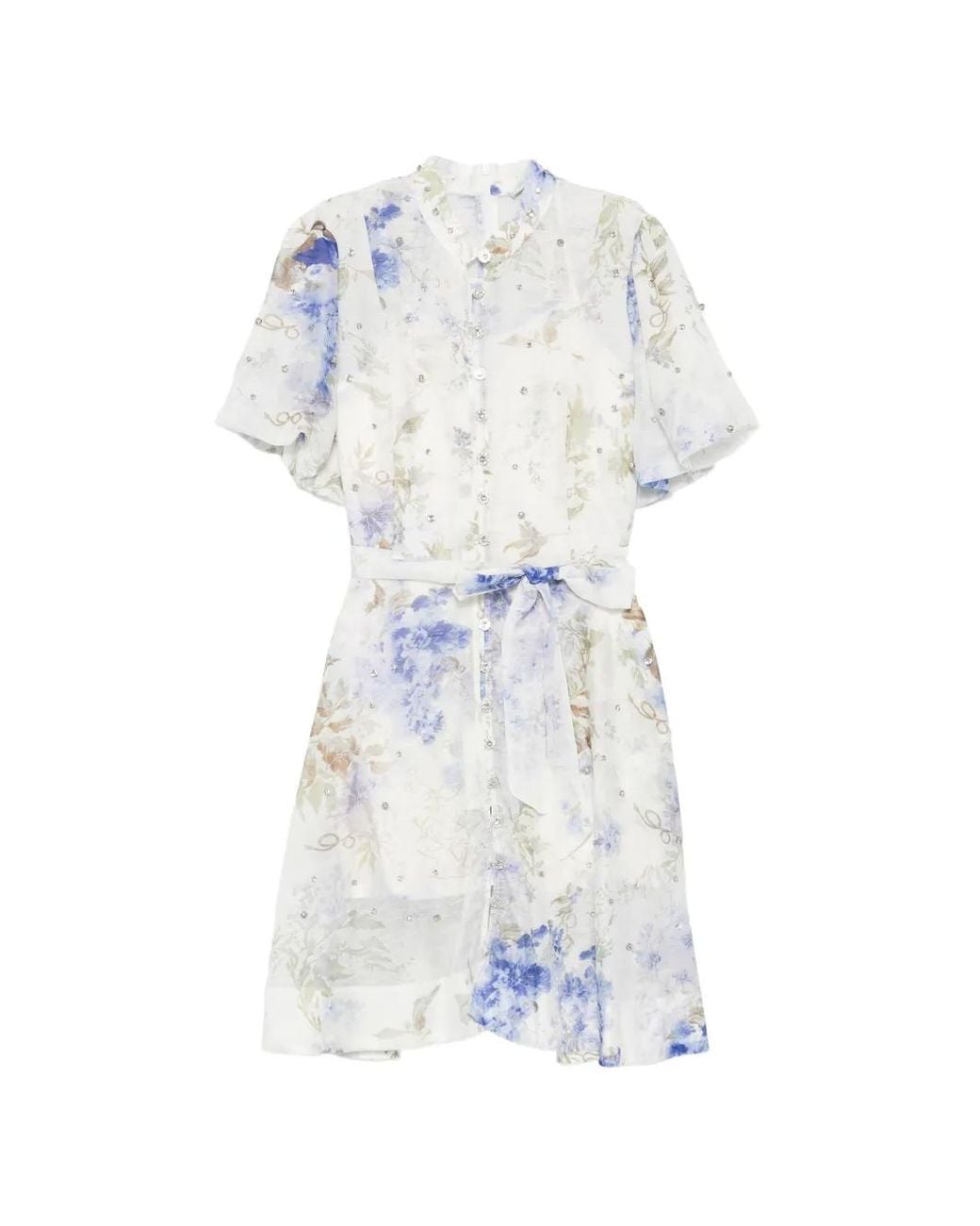 Paperlace White Crystal-Embellished Floral-Print Mini Shirt Dress
