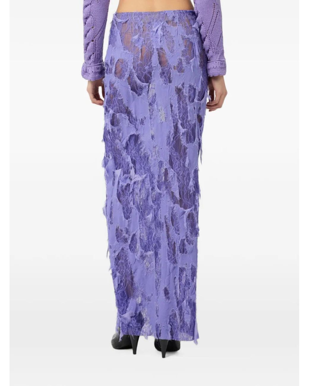 Roberto Cavalli Purple Distressed Lace-Panelled Maxi Skirt