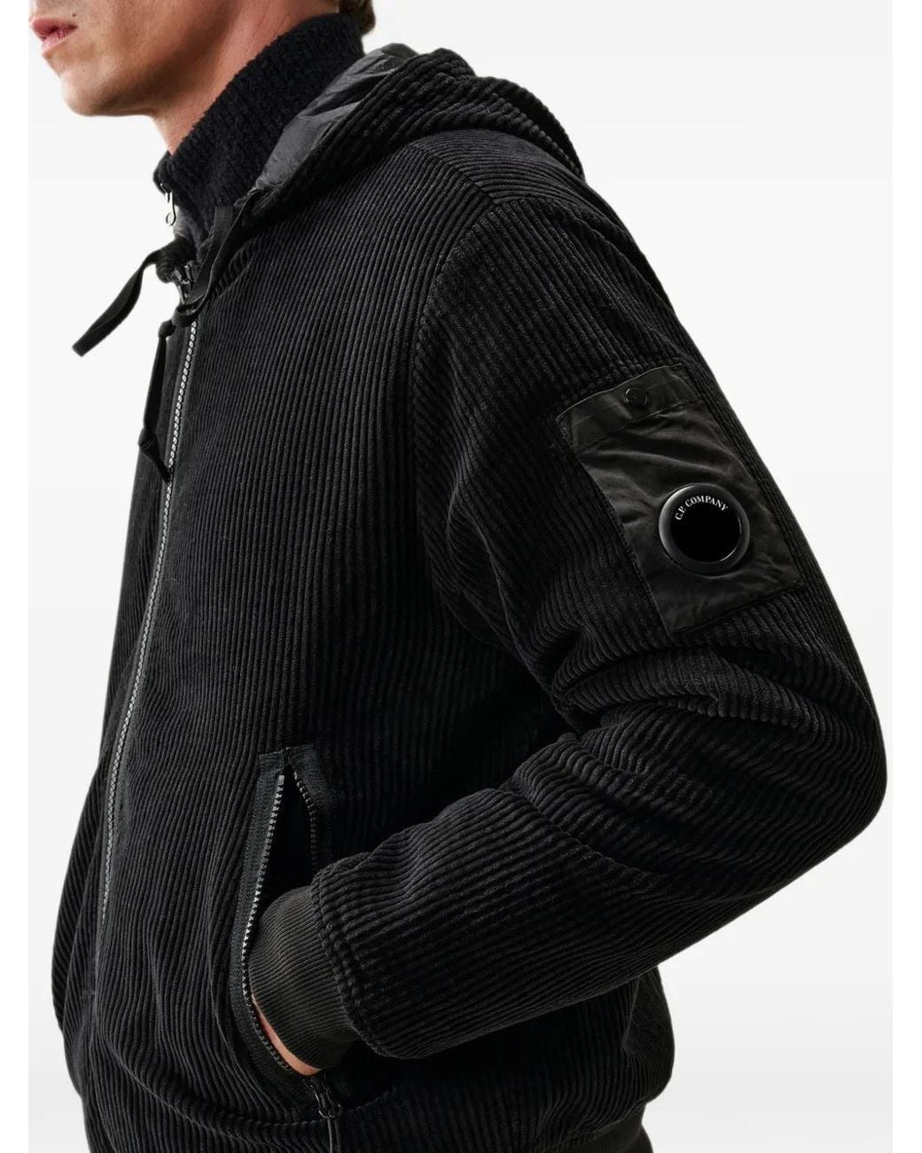 C P Company Black 350 Corduroy Hooded Lens Padded Sweatshirt for men