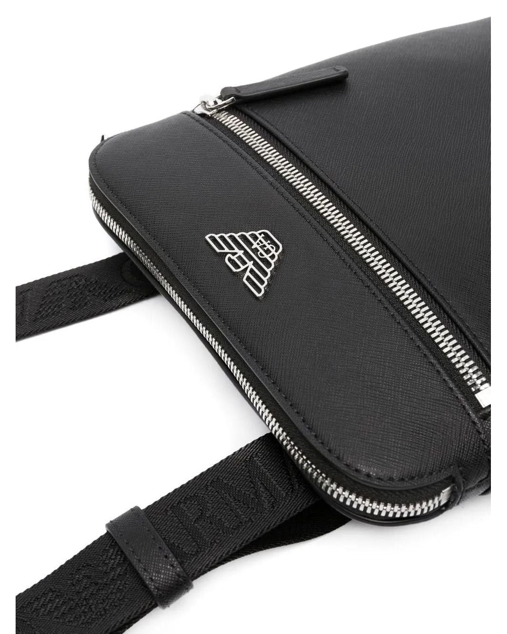 Emporio Armani Black Regenerated-leather Shoulder Bag With Eagle Pate for men