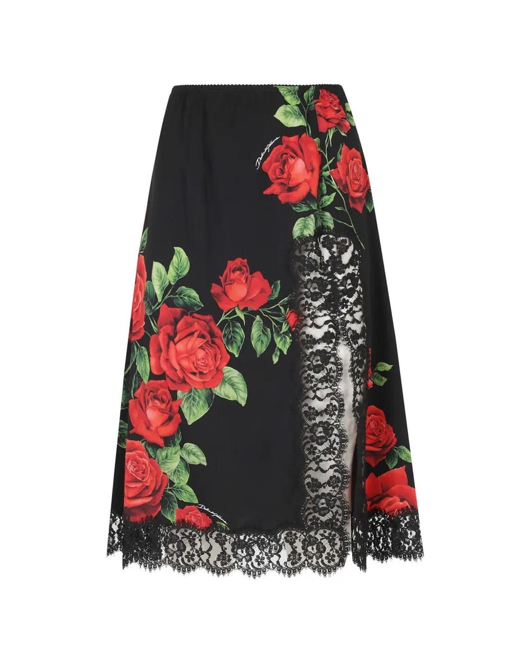 Dolce & Gabbana Red Rose-Print Lace-Trim Midi Skirt