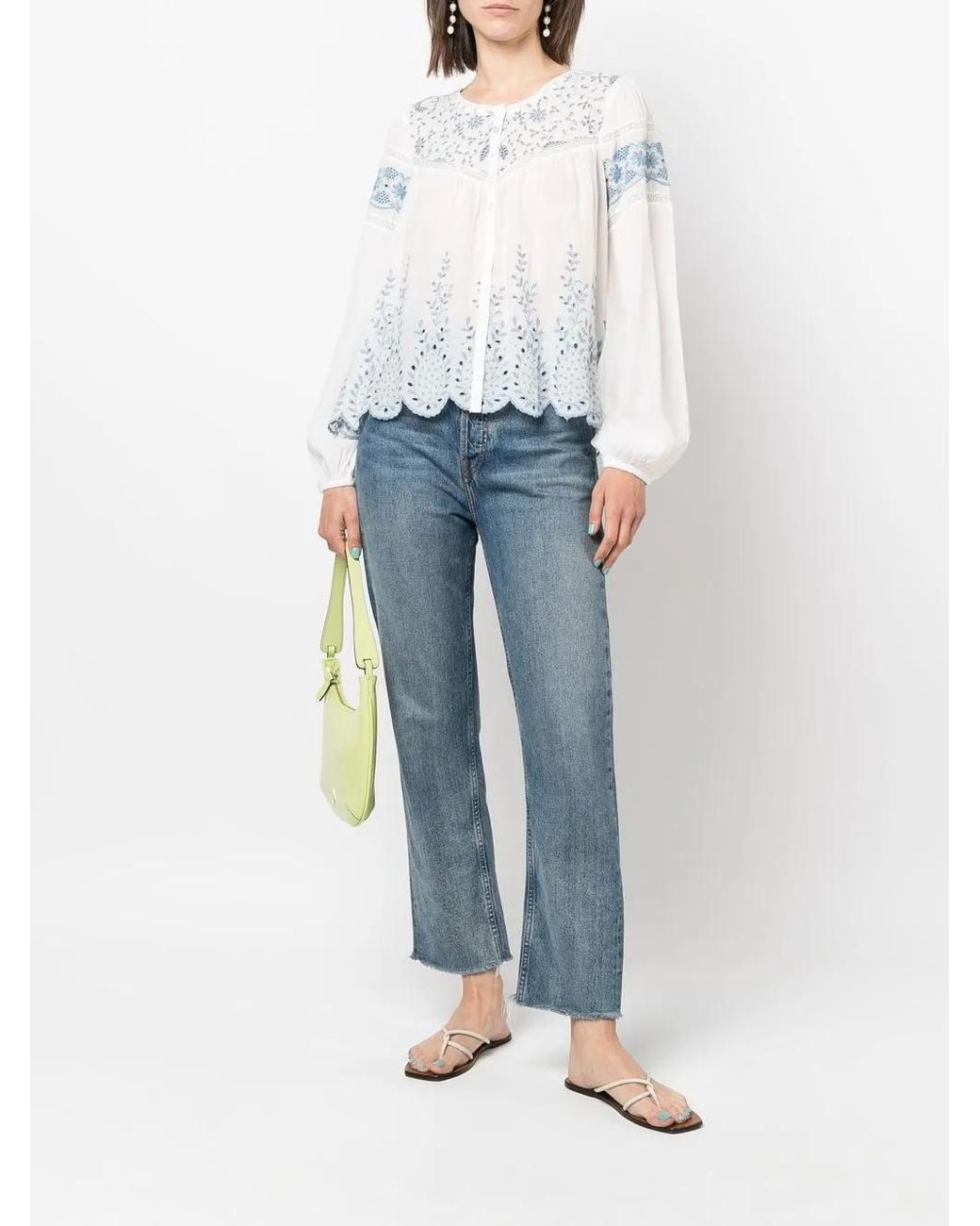 LoveShackFancy White Embroidered Crew Neck Blouse