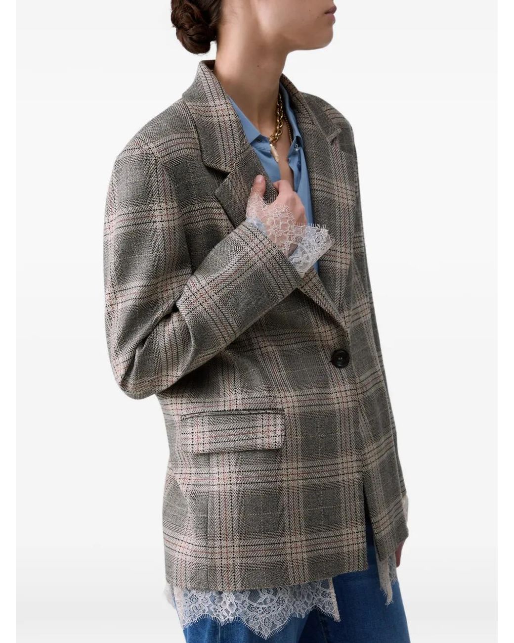 Liu Jo Gray Check Blazer With Lace Details