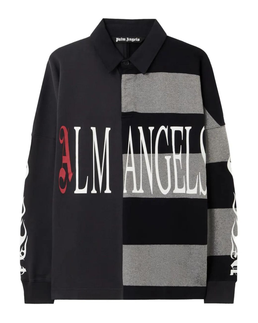 Palm Angels Black Patchwork Logo Flames Flag Polo Shirt for men