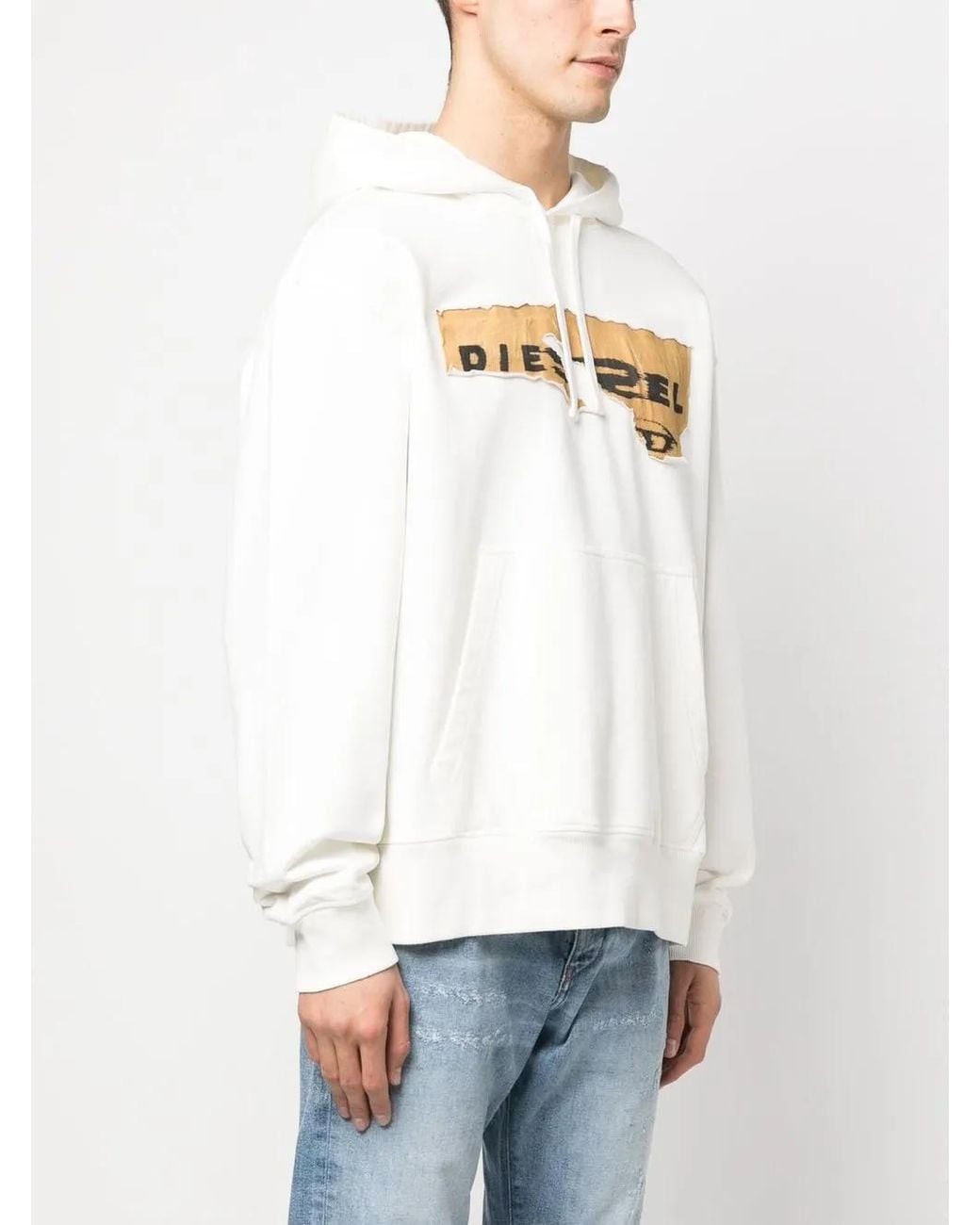 DIESEL White Ripped Logo Print Hoodie for men