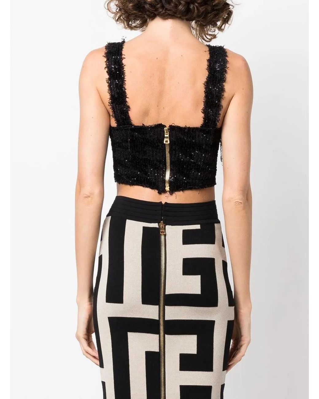 Balmain Black Sequin Knitted Crop Top