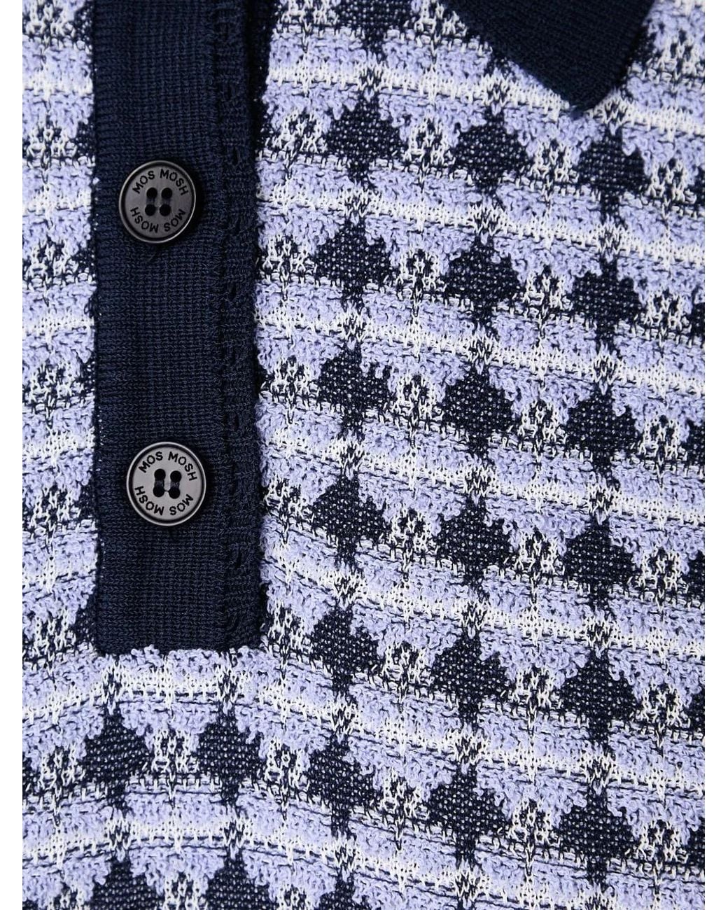 Mos Mosh Blue Houndstooth-Pattern Polo Shirt